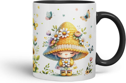 Vixar Spring Gnome Flowers Mug – Coloured Ceramic Mug Cup Gift, 11oz (Black)