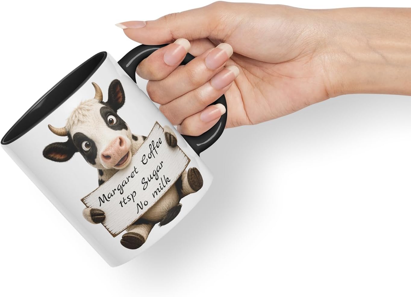 Vixar Personalised Cow Mug with Name or Custom Message – Cute Animal Coloured Ceramic Mug Cup Gift, 11oz (Black)
