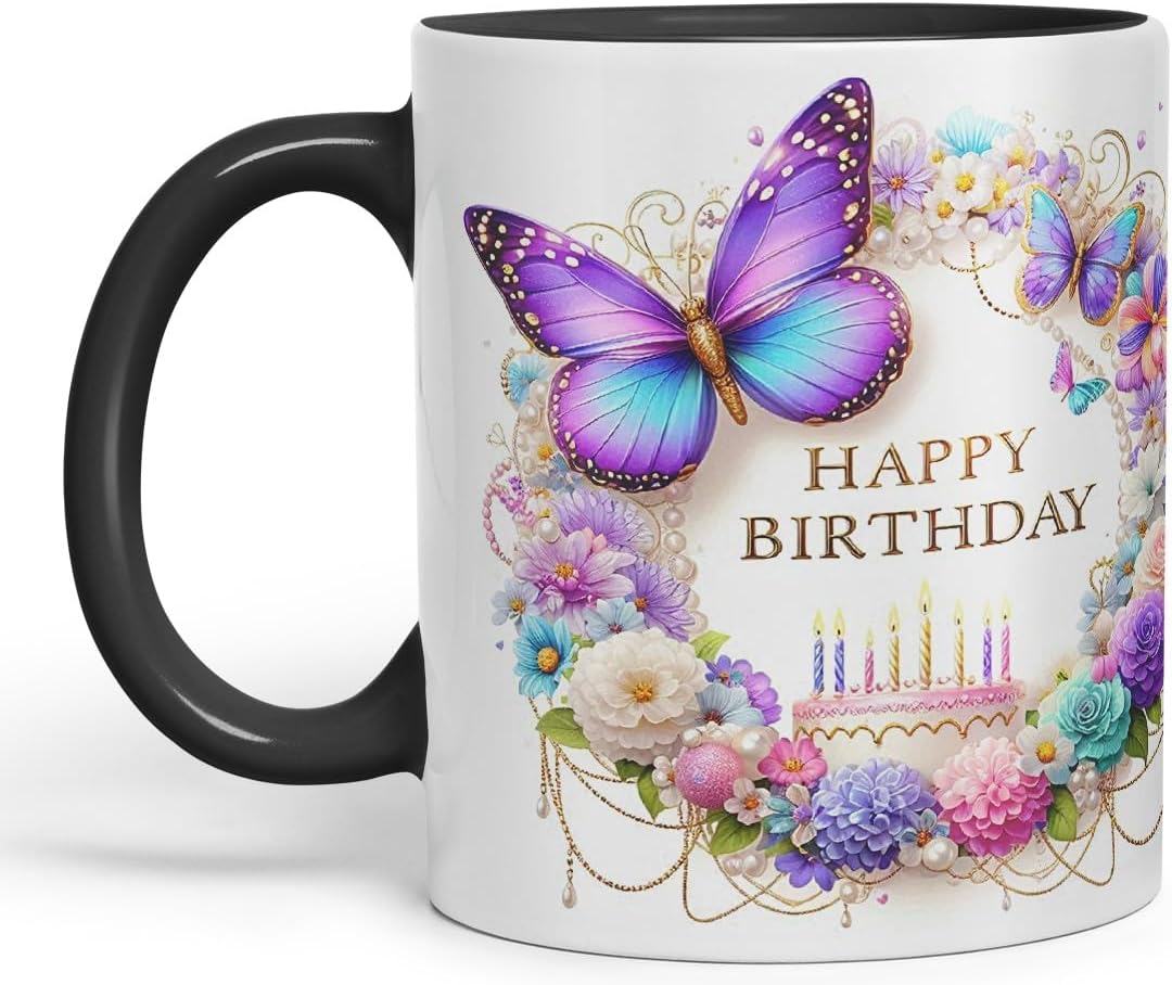 Vixar Happy Birthday Pastel Cake Florals Coloured Ceramic Mug Cup Gift 11oz V6 (Black)