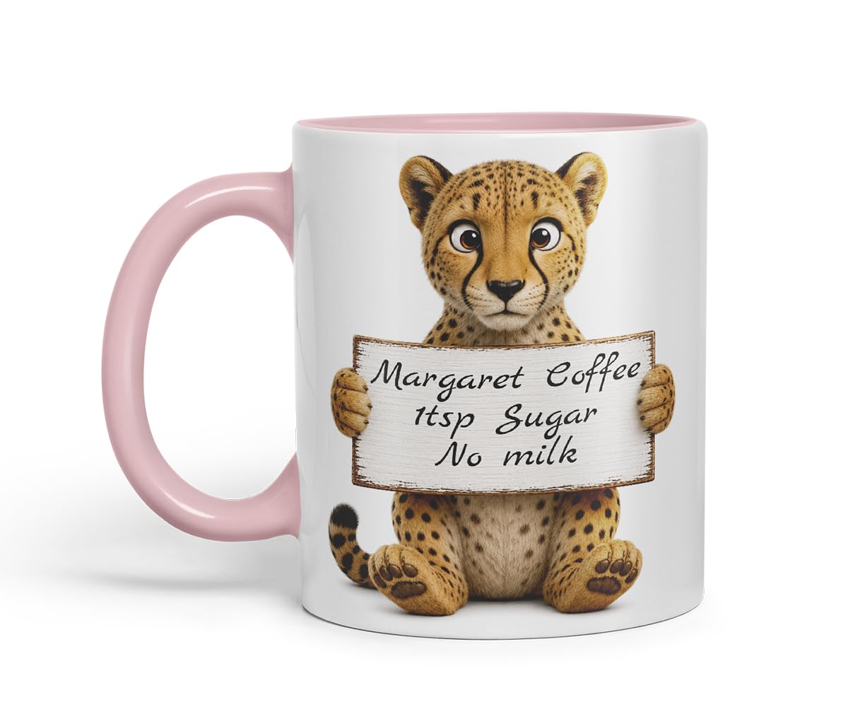 Vixar Personalised Cheetah Mug with Name or Custom Message – Cute Animal Coloured Ceramic Mug Cup Gift, 11oz (Black)