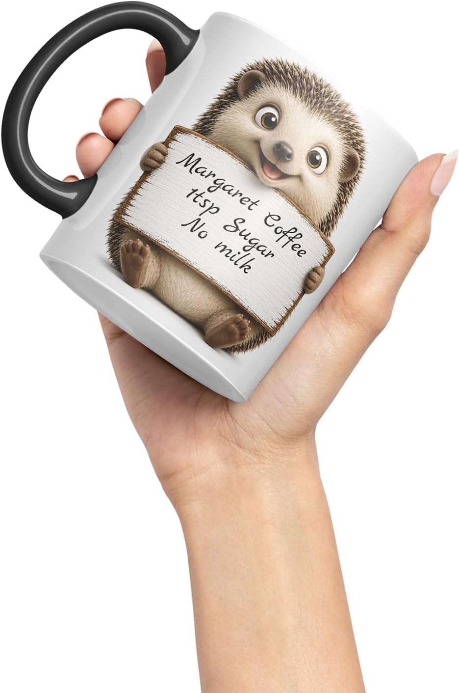 Vixar Personalised Hedgehog Mug with Name or Custom Message – Cute Animal Coloured Ceramic Mug Cup Gift, 11oz (Black)