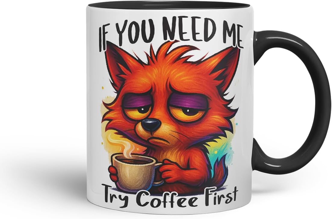 Vixar If You Need Me Try Coffee First Funny Fox Mug – Coloured Ceramic Mug Cup Gift, 11oz (Black)