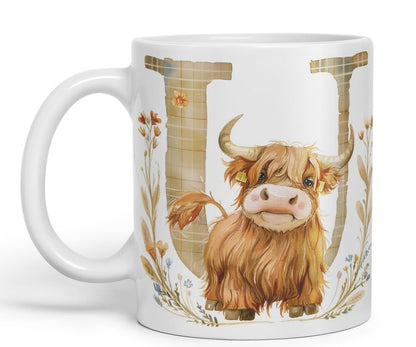 Vixar Highland Cow Alphabet Monogram Coloured Ceramic Cup Mug – Letter U – Rustic Farmhouse Animal Letter Gift – 11oz (Black)
