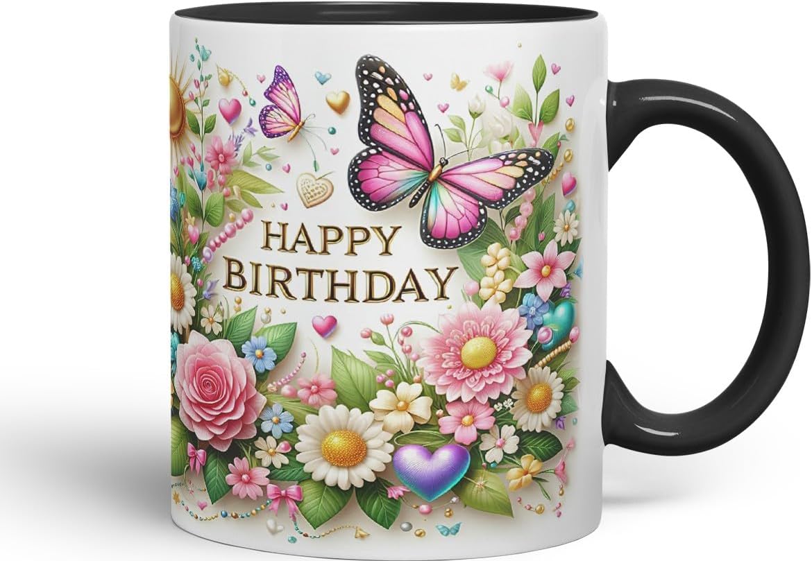 Vixar Happy Birthday Sun Roses Butterflies Coloured Ceramic Mug Cup Gift 11oz V14 (Black)
