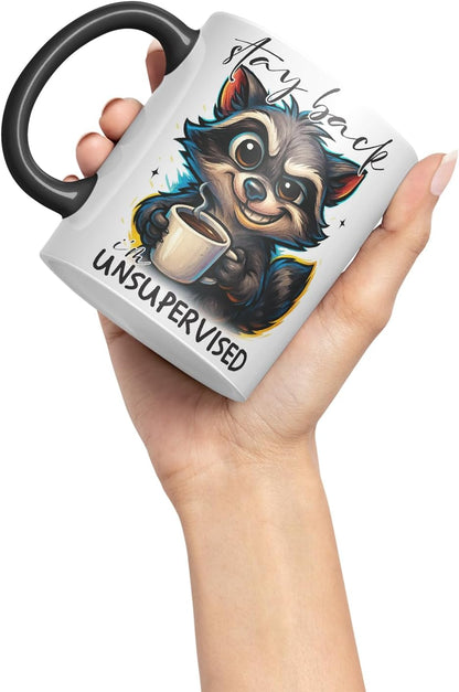 Vixar Stay Back I'm Unsupervised Funny Raccoon Coffee Mug – Coloured Ceramic Mug Cup Gift, 11oz (Black)