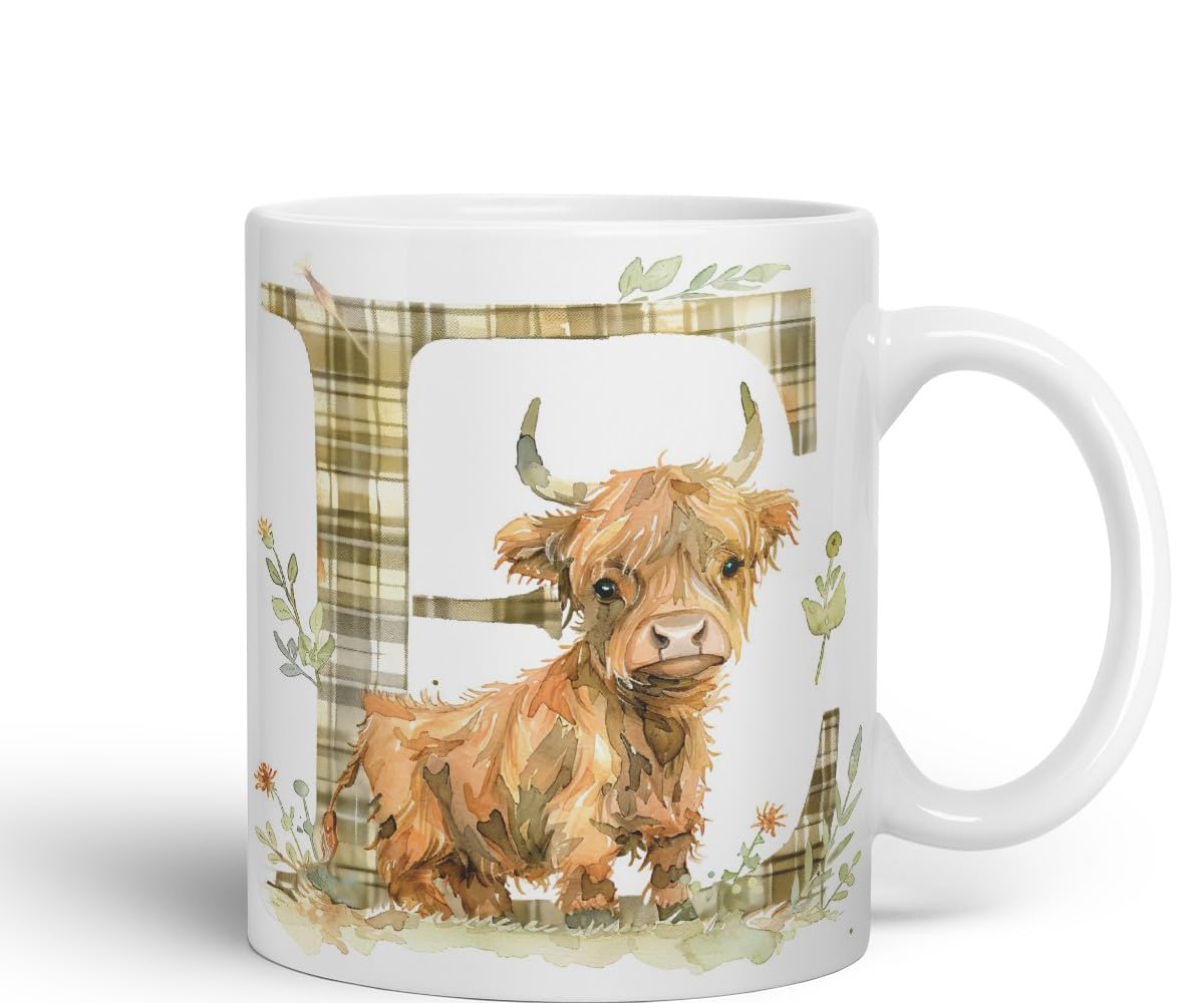Vixar Highland Cow Alphabet Monogram Coloured Ceramic Cup Mug – Letter E – Rustic Farmhouse Animal Letter Gift – 11oz (Black)