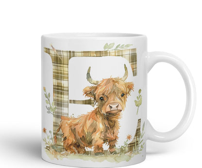 Vixar Highland Cow Alphabet Monogram Coloured Ceramic Cup Mug – Letter E – Rustic Farmhouse Animal Letter Gift – 11oz (Black)