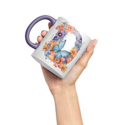 Letter Q mug, Floral flowers butterfly Alphabet Letter Q Monogram watercolour Ceramic Coloured Mug Cup for Tea Coffee Hot brew 330ml 11Oz Gift