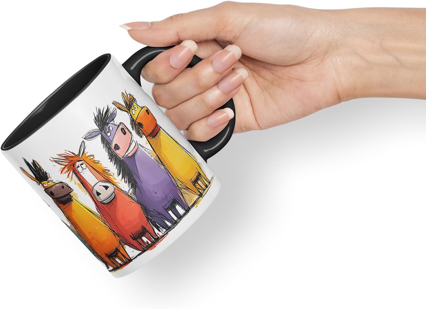 Vixar Funny Colourful Horse Equestrian Friends Design – Cute Animal Character Mug for Farm Animals Lovers & Riders, Coloured Mug Cup Gift, 11oz (Black)