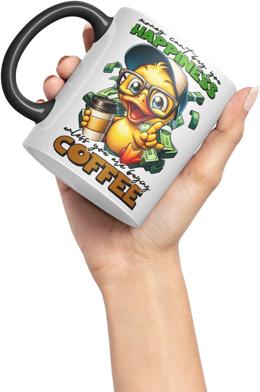 Vixar Mug with Text: Money Can’t Buy You Happiness (Unless You are Buying Coffee) Coloured Ceramic Mug Cup 11oz Funny Sarcastic Gift (Black)