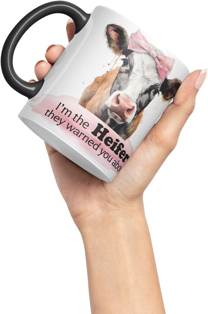 Vixar I’m The Heifer They Warned You About Cow Joke Coloured Ceramic Mug Cup Gift, 11oz (Black)
