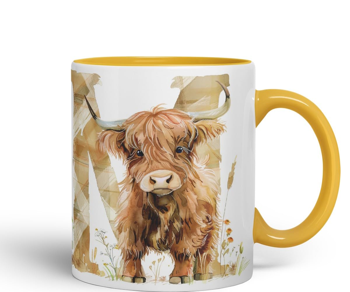 Vixar Highland Cow Alphabet Monogram Coloured Ceramic Cup Mug – Letter M – Rustic Farmhouse Animal Letter Gift – 11oz (Black)
