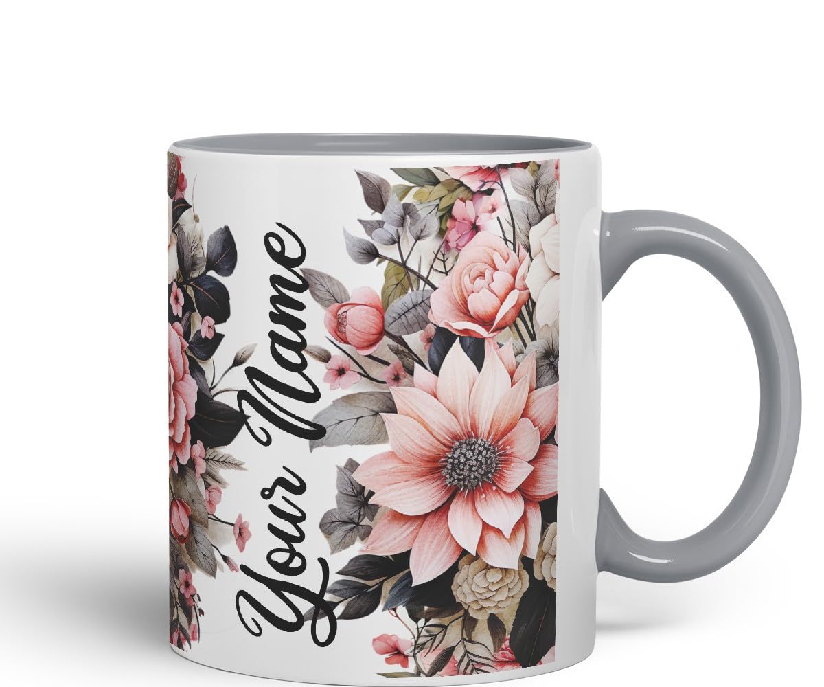 Vixar Personalised Rose Mug – Custom Your Name Coloured Ceramic Mug Cup Gift, 11oz (Black)