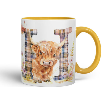 Vixar Highland Cow Alphabet Monogram Coloured Ceramic Cup Mug – Letter H – Rustic Farmhouse Animal Letter Gift – 11oz (Black)