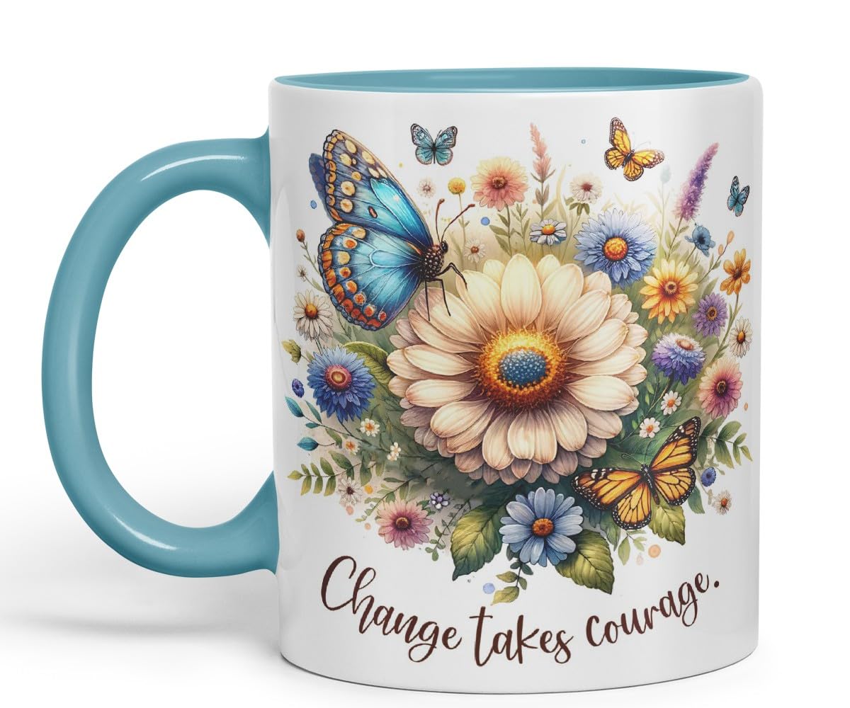 Vixar Change Takes Courage Butterfly Coloured Mug Cup Floral Nature Inspirational Gift 11oz (Black)