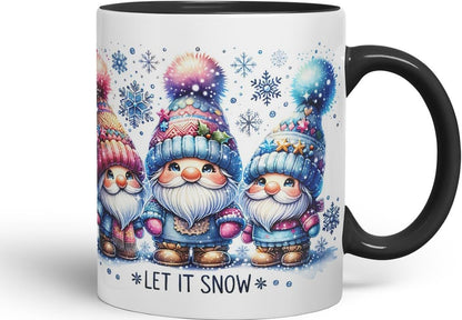Vixar Let It Snow Cute Christmas Gnomes Coloured Mug Cup Winter Gift 11oz (Black)
