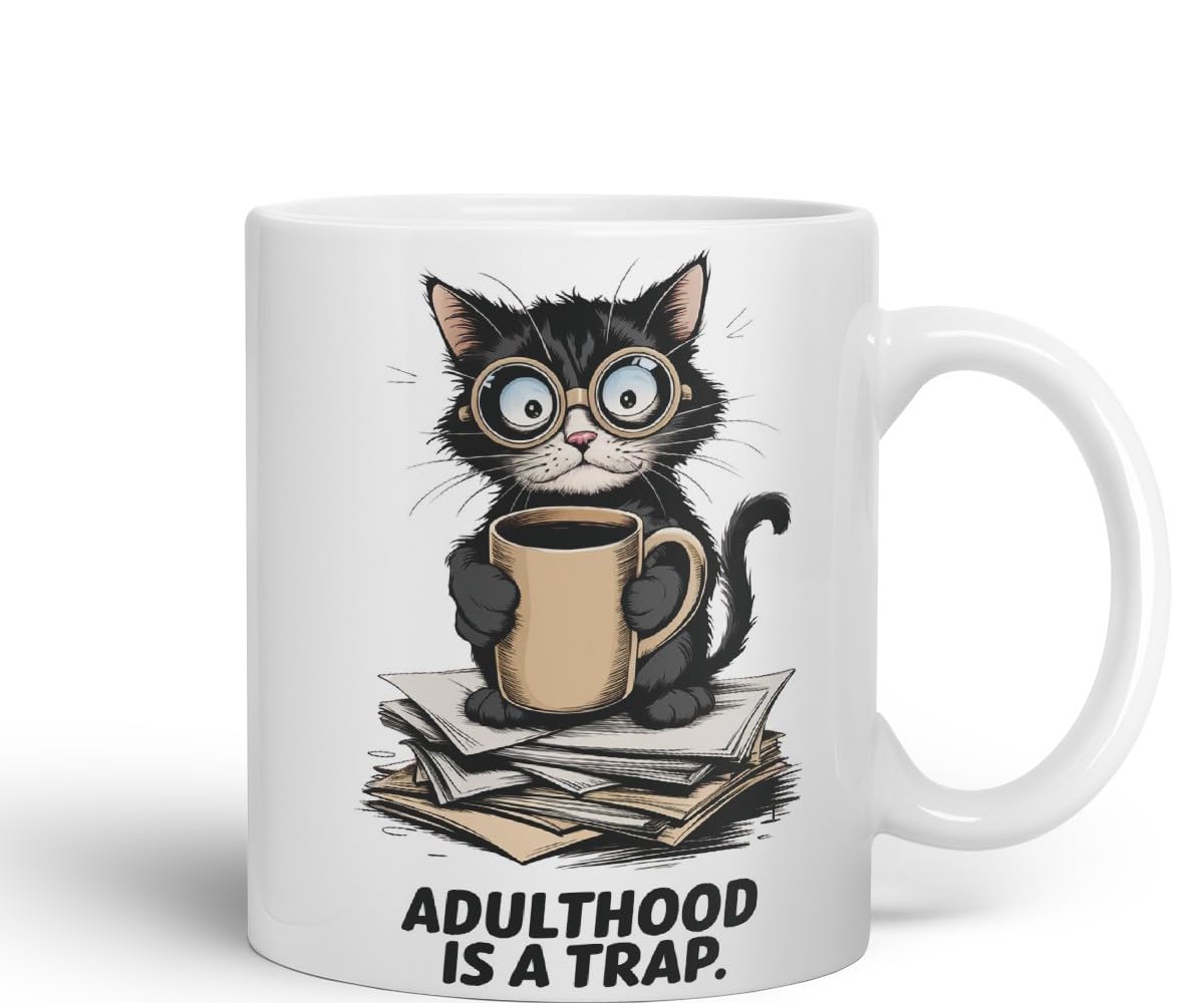 Vixar Adulthood is A Trap Cat Mug – Coloured Ceramic Mug Cup Gift, 11oz (Black)