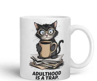 Vixar Adulthood is A Trap Cat Mug – Coloured Ceramic Mug Cup Gift, 11oz (Black)