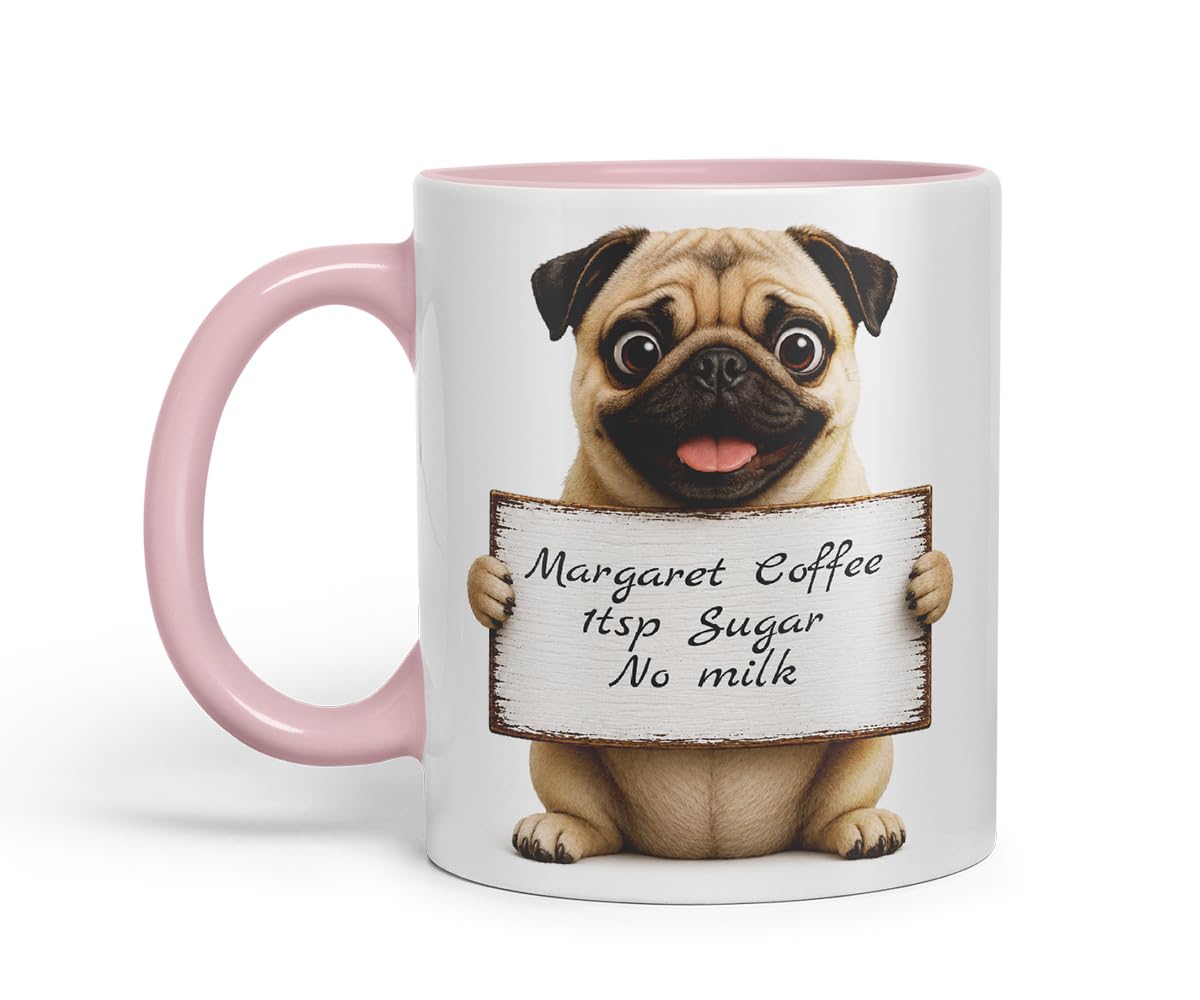Vixar Personalised Pug Mug with Name or Custom Message – Cute Animal Coloured Ceramic Mug Cup Gift, 11oz (Black)