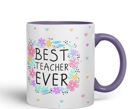 Vixar Best Teacher Ever Flowers, Ceramic 330 ml 11oz Coloured Mug Cup, Teacher Gift from Kids, School Gift, end of Year for Coffee Tea (T4)