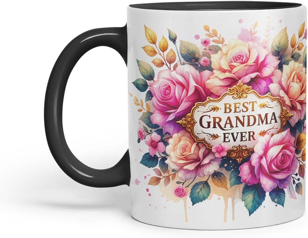 Vixar Best Grandma Ever Floral Mug – Coloured Ceramic Mug Cup Gift, 11oz (Black)