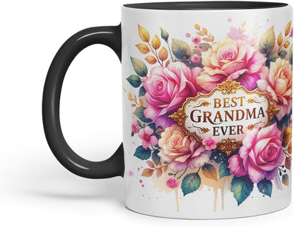 Vixar Best Grandma Ever Floral Mug – Coloured Ceramic Mug Cup Gift, 11oz (Black)
