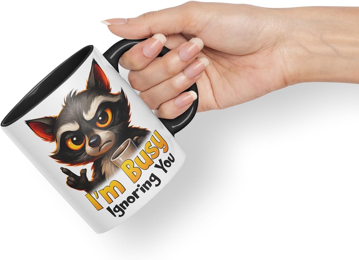 Vixar I'm Busy Ignoring You Sarcastic Raccoon – Coloured Ceramic Mug Cup Gift, 11oz (Black)