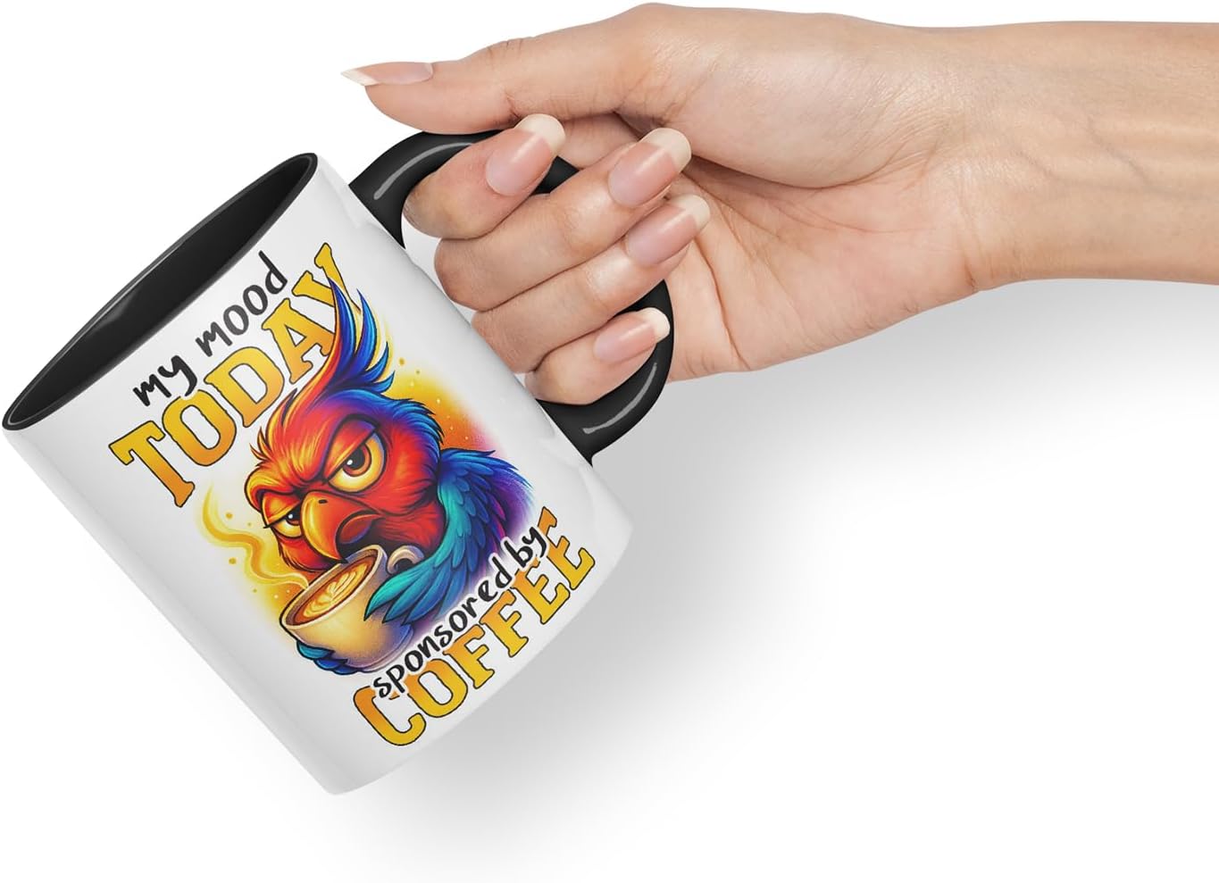 Vixar My Mood Today Sponsored By Coffee Funny Parrot Mug – Coloured Ceramic Mug Cup Gift, 11oz (Black)