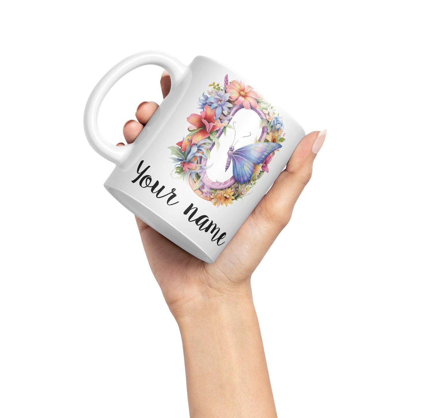 Personalised Letter O mug, Customized Custom Floral flowers butterfly Alphabet Letter O Monogram watercolour Ceramic Coloured Mug Cup for Tea Coffee Hot brew 330ml 11Oz Gift