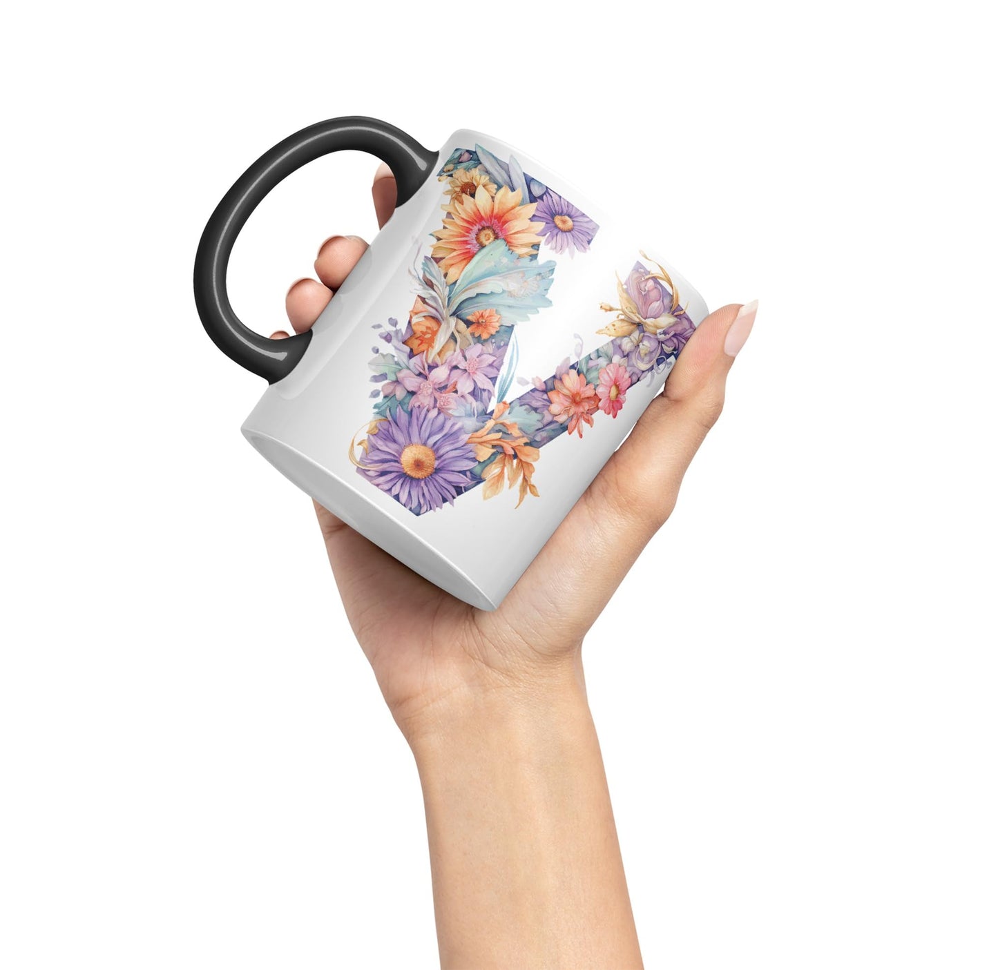 Letter V mug, Floral flowers butterfly Alphabet Letter V Monogram watercolour Ceramic Coloured Mug Cup for Tea Coffee Hot brew 330ml 11Oz Gift