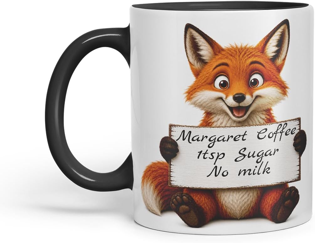 Vixar Personalised Fox Mug with Name or Custom Message – Cute Animal Coloured Ceramic Mug Cup Gift, 11oz (Black)