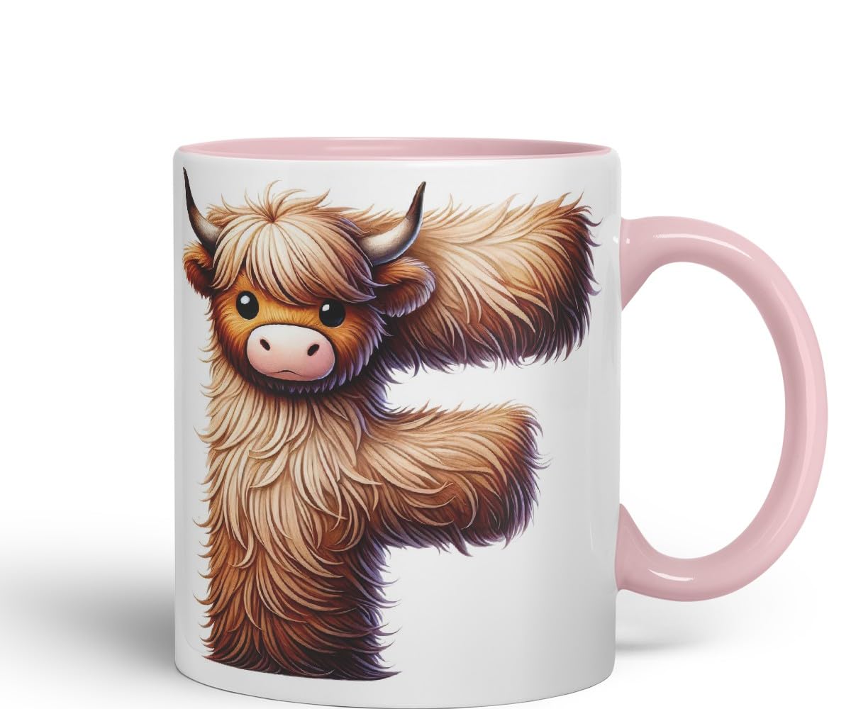 Highland Cow Alphabet Monogram Coloured Ceramic Cup Mug Letter F Rustic Farmhouse Animal Letter Gift V2 11oz (Black)