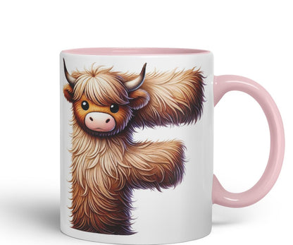 Highland Cow Alphabet Monogram Coloured Ceramic Cup Mug Letter F Rustic Farmhouse Animal Letter Gift V2 11oz (Black)