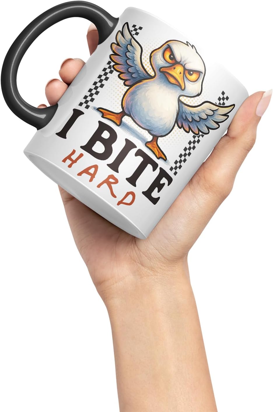 Vixar I Bite Hard Funny Seagull Mug – Coloured Ceramic Mug Cup Gift, 11oz (Black)
