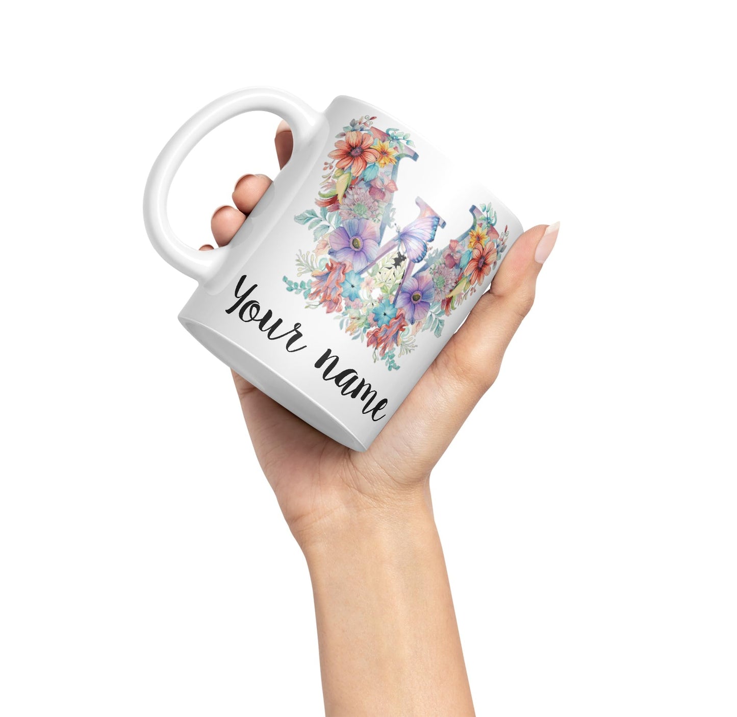 Personalised Letter W mug, Customized Custom Floral flowers butterfly Alphabet Letter W Monogram watercolour Ceramic Coloured Mug Cup for Tea Coffee Hot brew 330ml 11Oz Gift