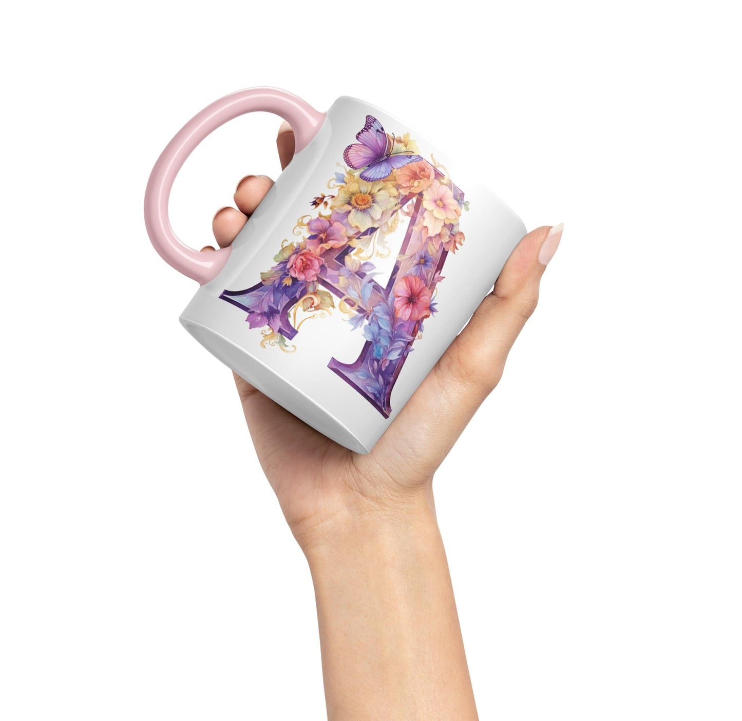 Letter A mug, Floral flowers butterfly Alphabet Letter A Monogram watercolour Ceramic Coloured Mug Cup for Tea Coffee Hot brew 330ml 11Oz Gift