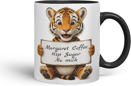 Vixar Personalised Tiger Mug with Name or Custom Message – Cute Animal Coloured Ceramic Mug Cup Gift, 11oz (Black)