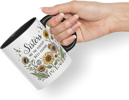 Sisters are The Perfect Best Friend Coloured Mug Cup Floral Sister Gift 11oz (Black)