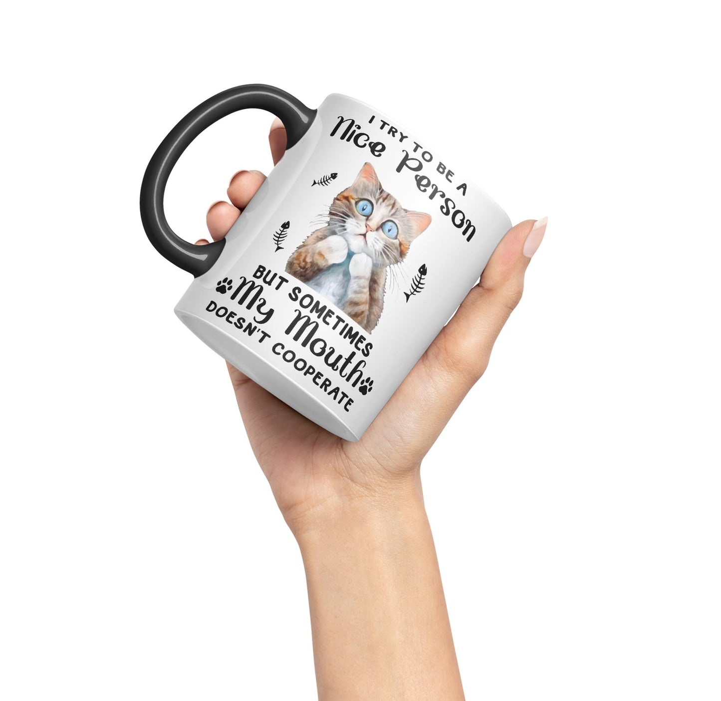 Vixar I Try to be a Nice Person but Sometimes My Mouth .. Cats Sarcastic Joke Ceramic Coloured Mug Cup for Tea Coffee Hot Brew 330ml 11Oz