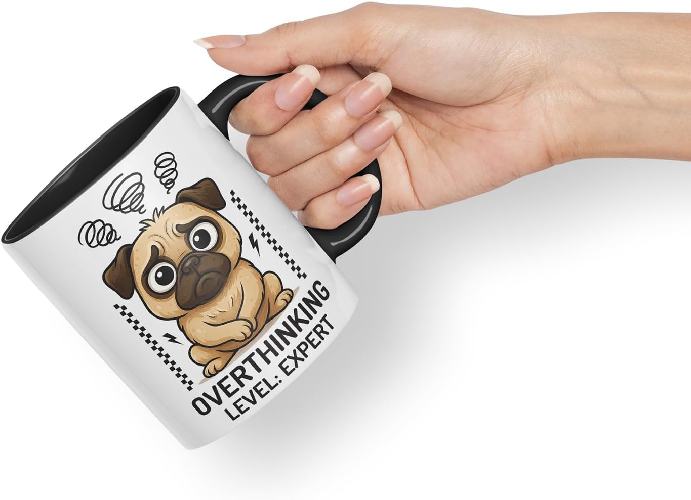 Vixar Overthinking Level Expert Pug Dog Mug – Coloured Ceramic Mug Cup Gift, 11oz (Black)