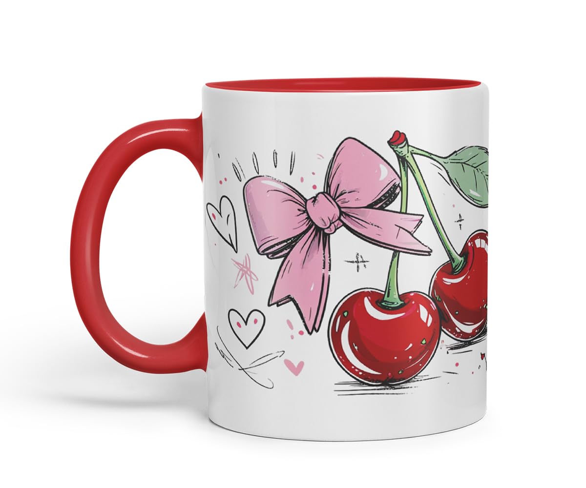 Vixar Cherry Pink Bow Mug – Coloured Ceramic Mug Cup Gift, 11oz (Black)
