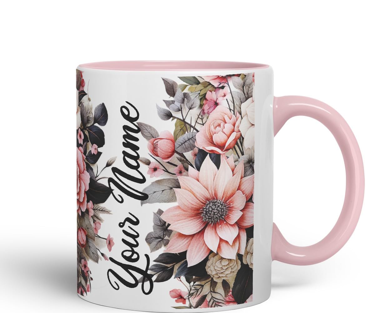 Vixar Personalised Rose Mug – Custom Your Name Coloured Ceramic Mug Cup Gift, 11oz (Black)