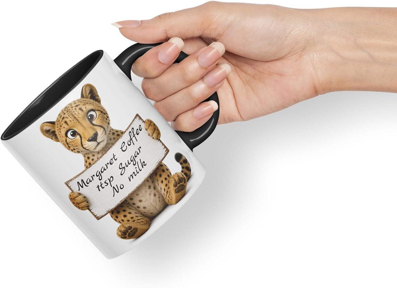 Vixar Personalised Cheetah Mug with Name or Custom Message – Cute Animal Coloured Ceramic Mug Cup Gift, 11oz (Black)