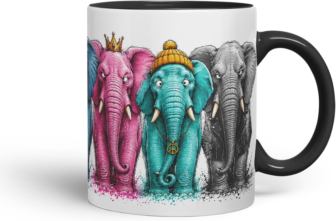 Vixar Elephant Mug – Cute Elephant Animal Coloured Ceramic Mug Cup Gift, 11oz (Black)