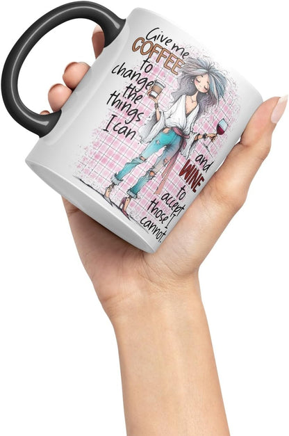 Vixar Give Me Coffee to Change The Things I Can and Wine to Accept Those I Cannot Coloured Mug Cup 11oz (Black)
