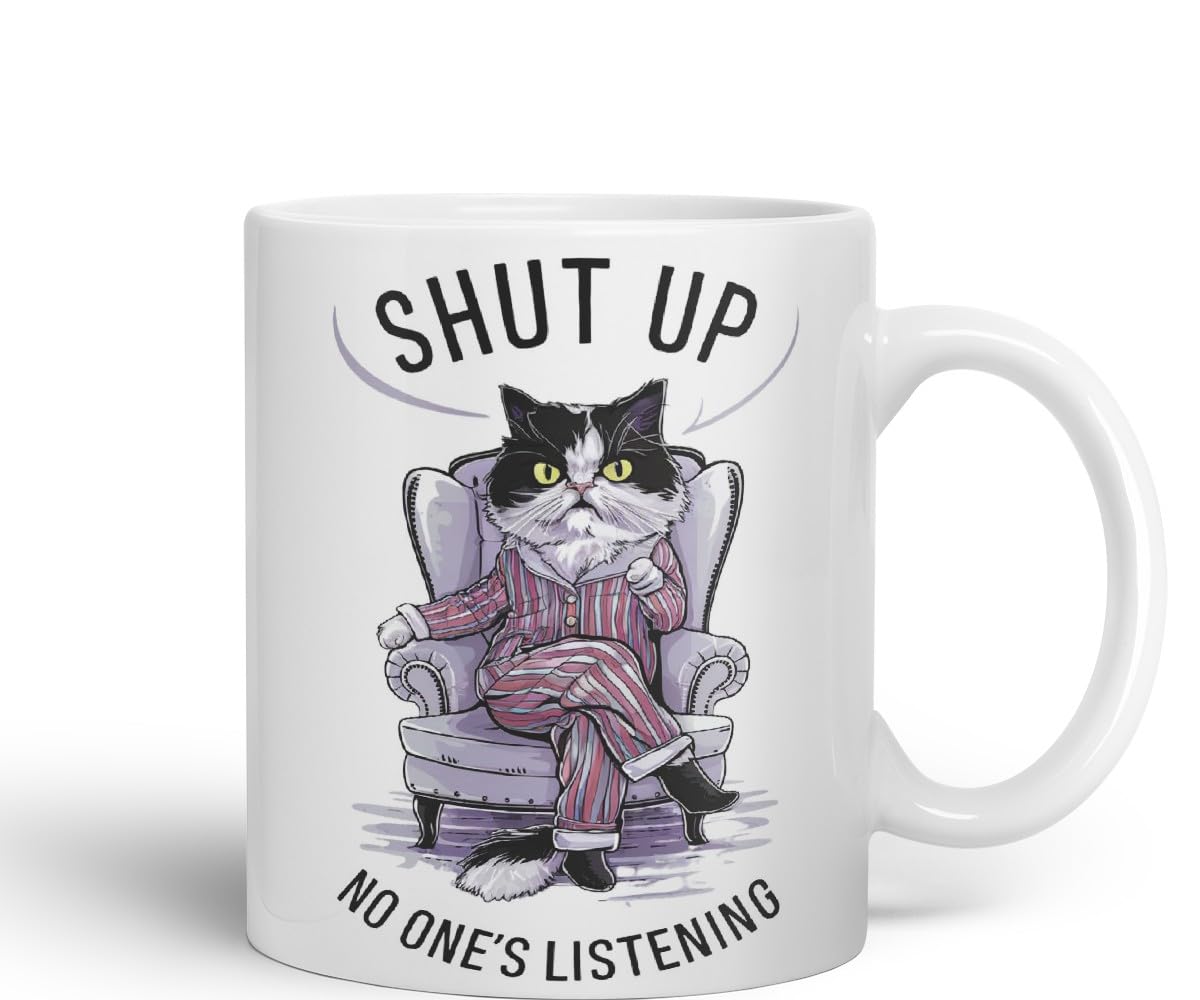 Vixar Shut Up No One’s Listening Sarcastic cat Coloured Ceramic Mug Cup Gift, 11oz (Black)