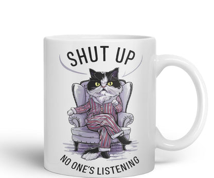 Vixar Shut Up No One’s Listening Sarcastic cat Coloured Ceramic Mug Cup Gift, 11oz (Black)