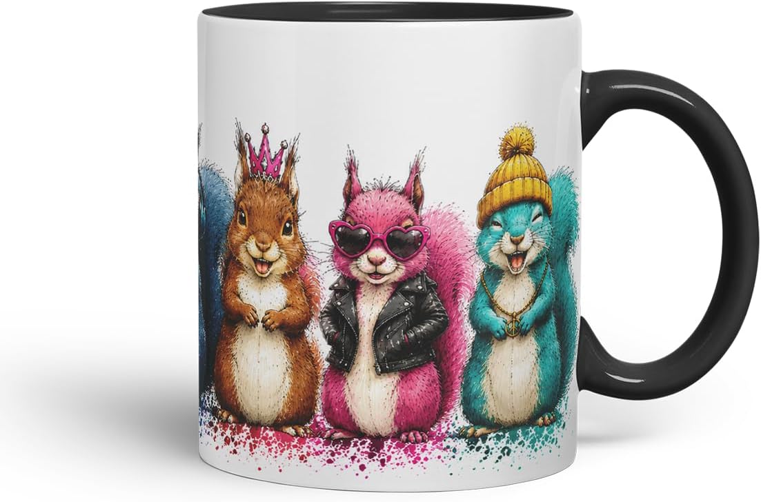 Squirrels Mug – Cute Squirrels Coloured Ceramic Mug Cup Gift, 11oz (Black)