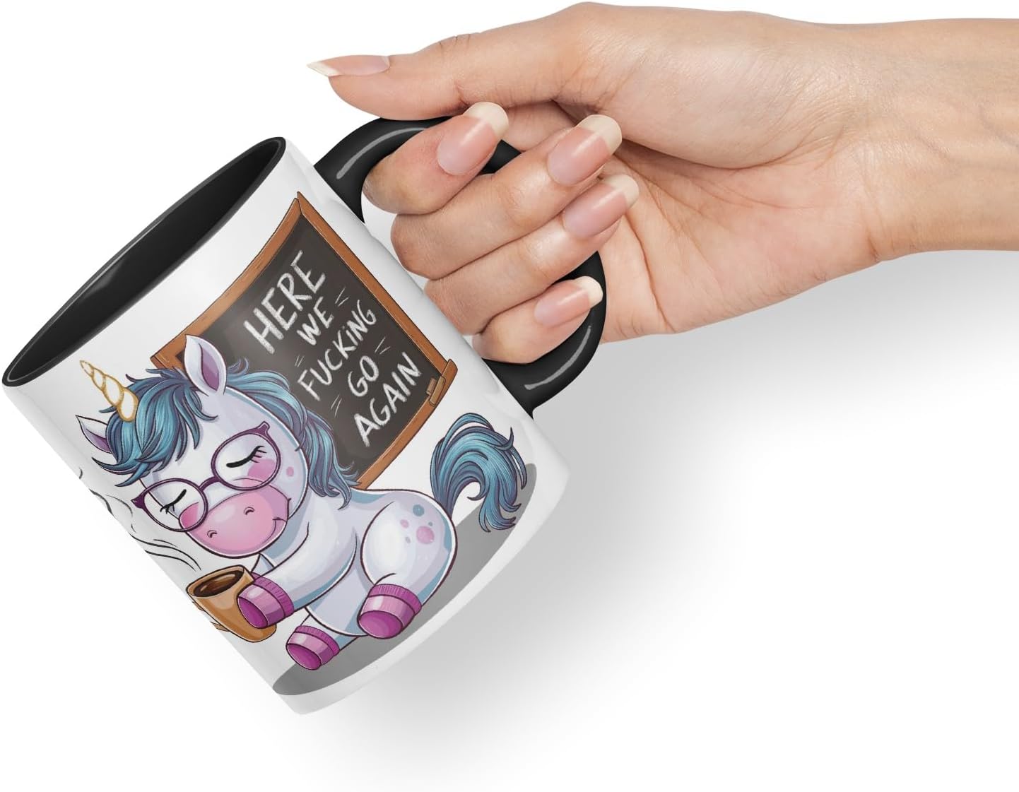 Vixar Here We F*cking Go Again – Coloured Ceramic Mug Cup Gift, 11oz (Black)