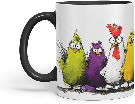 Vixar Funny Colourful Chickens Design – Coloured Ceramic Mug Cup Gift, 11oz (Black)